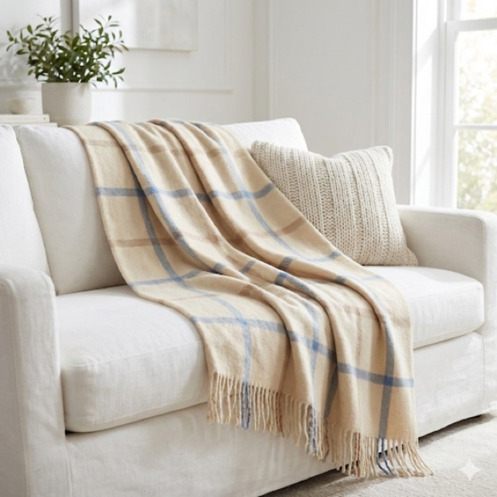 Pendleton Beige and Blue Plaid Throw Blanket